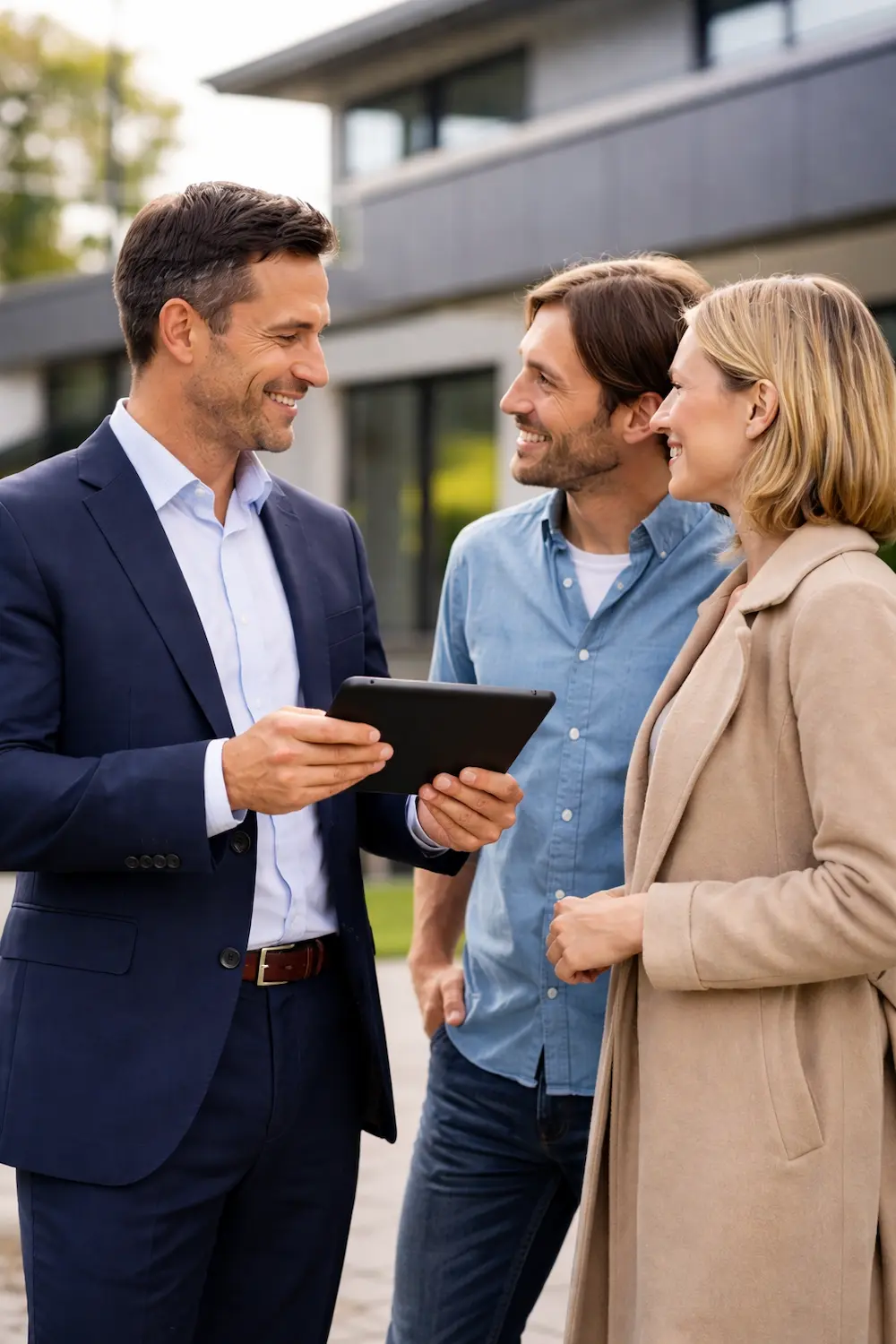 Immobilienmakler mit Tablet vor moderner Immobilie